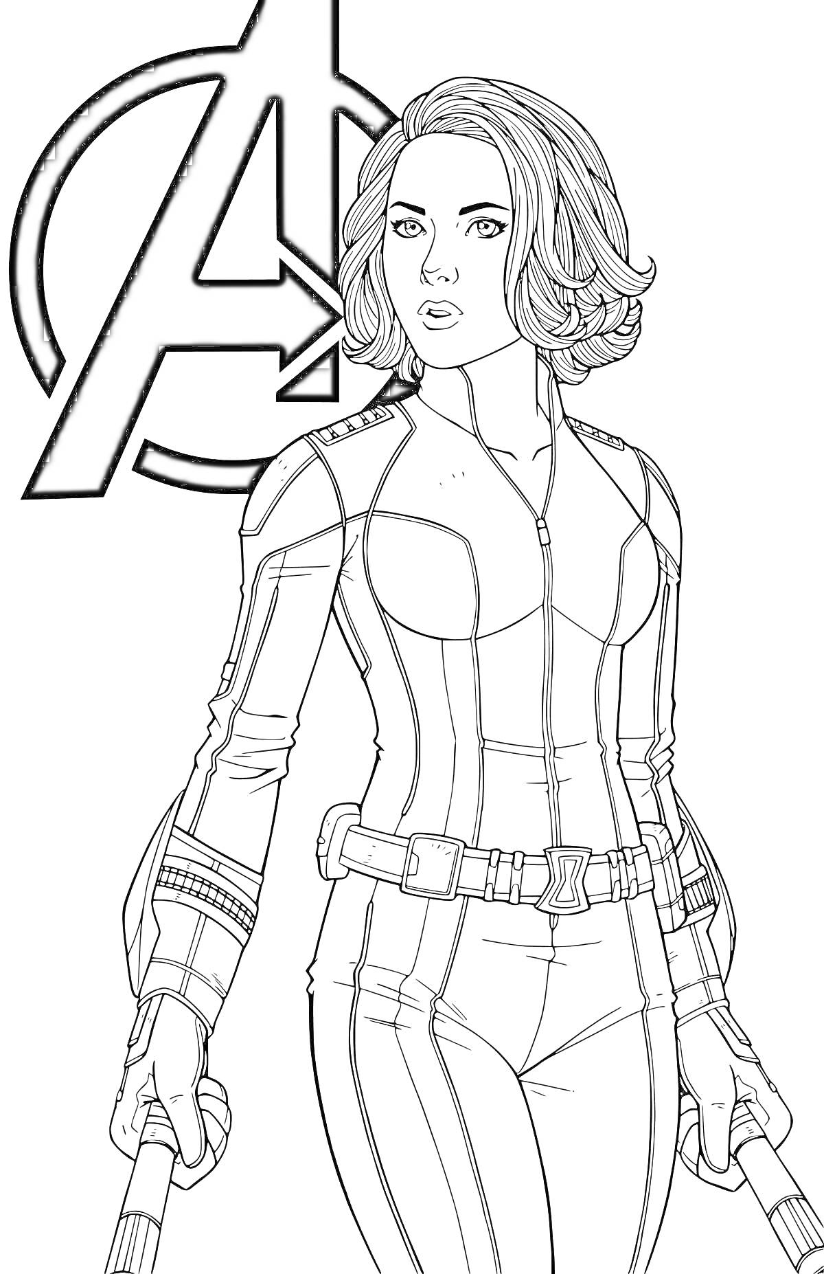 РаскраскаЧерная Вдова в костюме с жезлами на фоне логотипа Мстителей