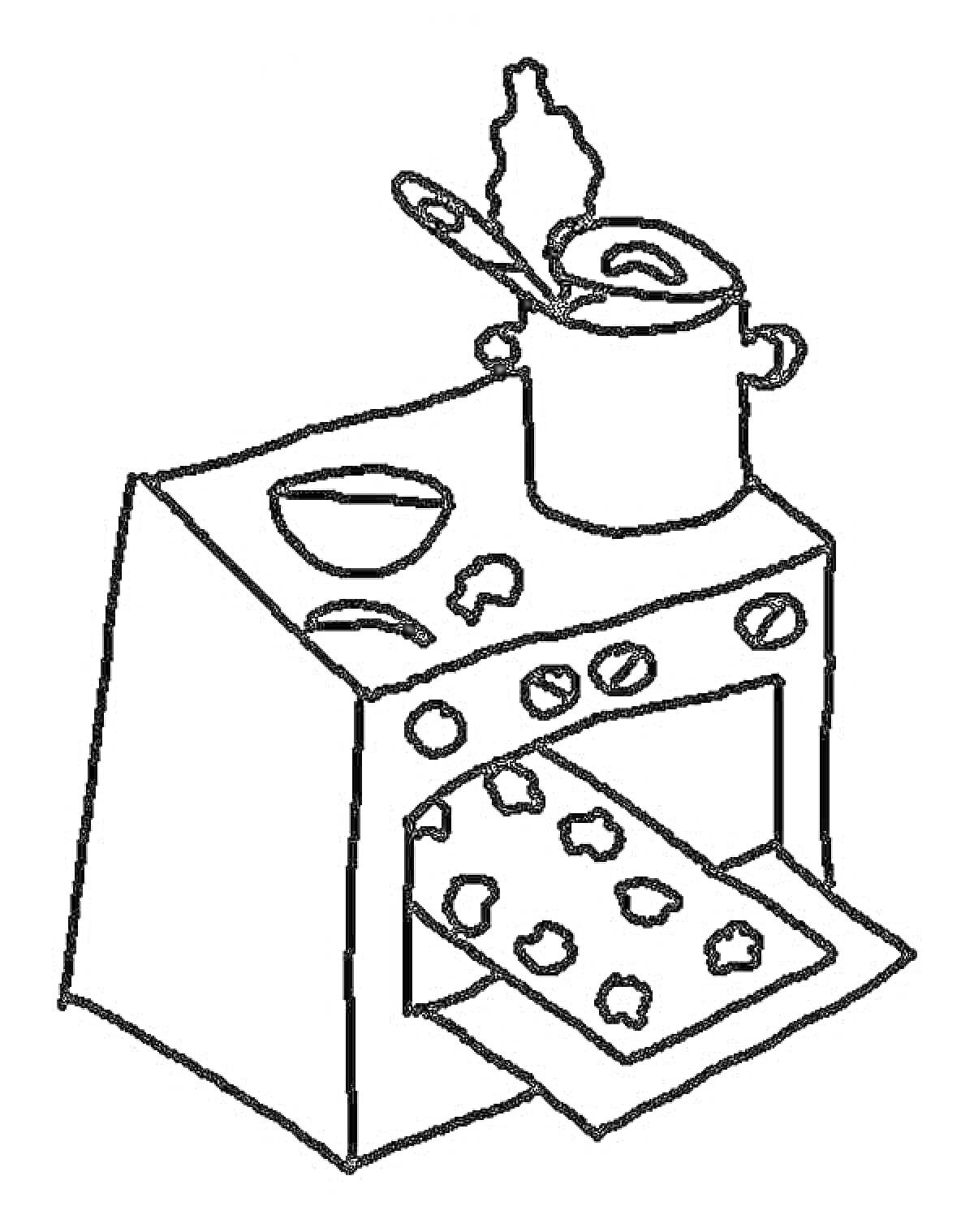 На раскраске изображено: Печка, Ложка, Противень, Печенье, Кухня, Готовка