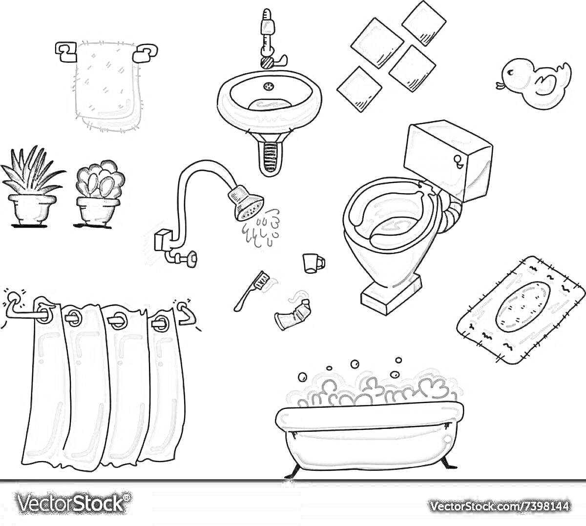 Раскраска Ванные принадлежности (полотенце, умывальник, плитка, мыло, растения, кран, душ, зубная щетка, паста, стакан, туалет, губка, шторка для ванной, ванна)