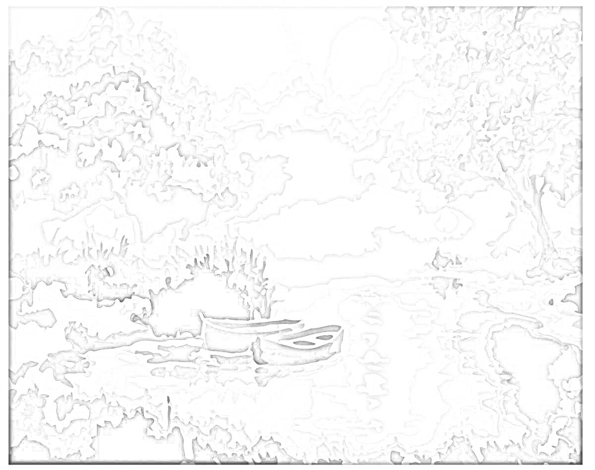 Раскраска Лодки на тихом озере на фоне леса и восходящего солнца