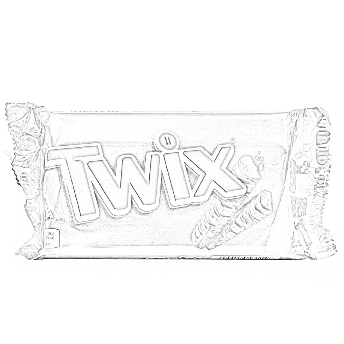 На раскраске изображено: Twix, Шоколад, Батончик, Упаковка, Кондитерские изделия