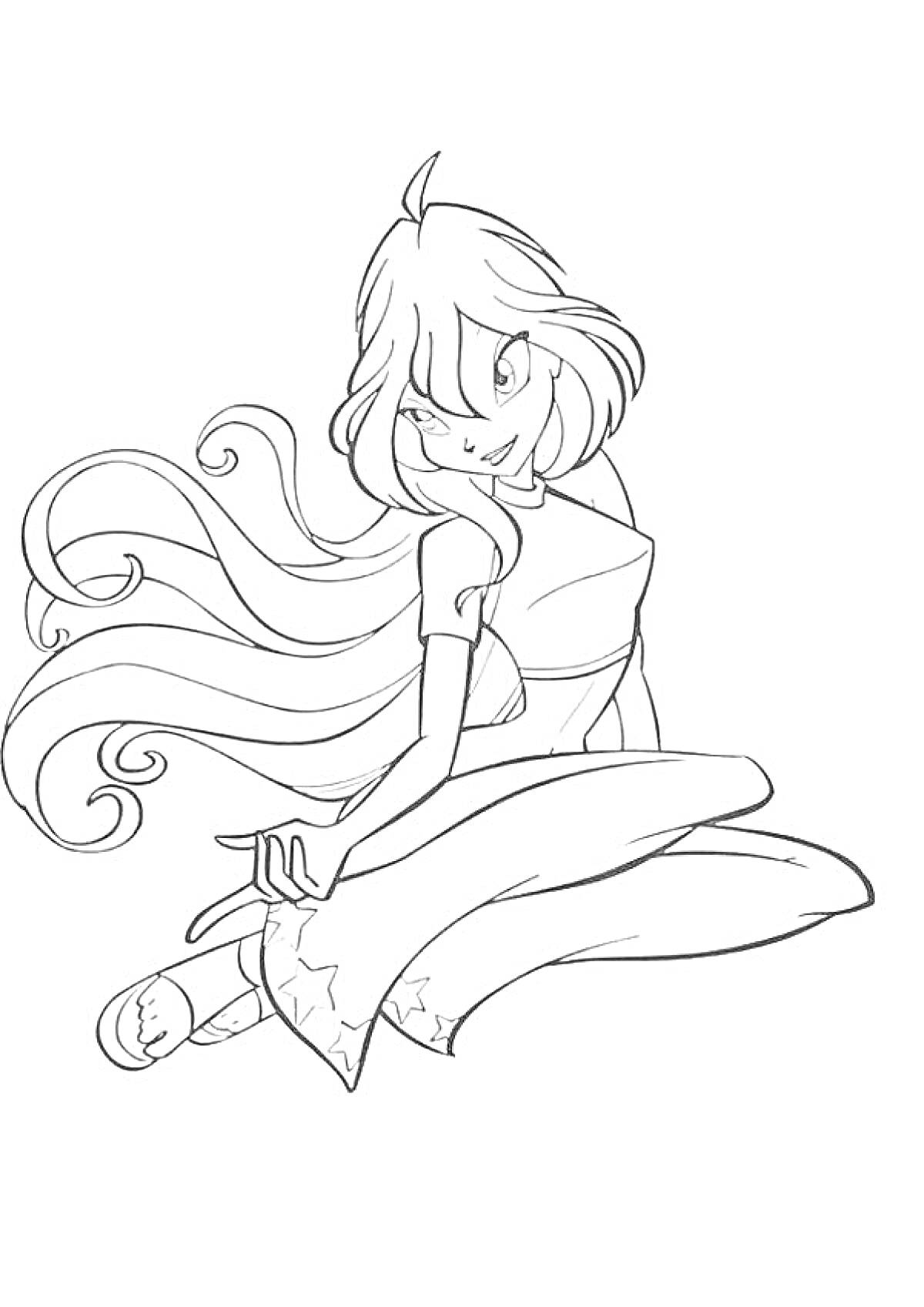 Раскраска Винкс Блум в платье с длинными волосами, сидящая на коленях с вытянутой ногой