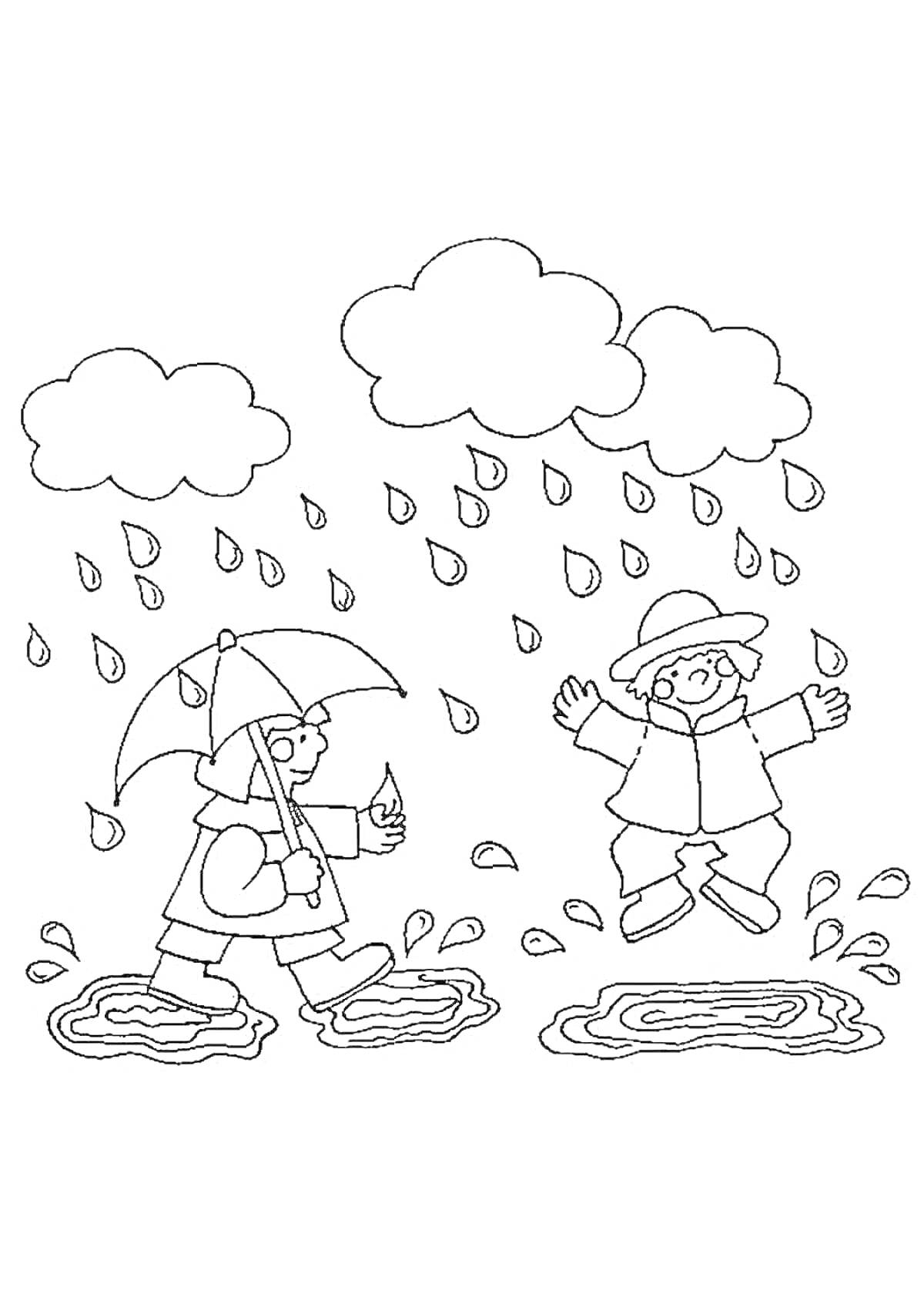 На раскраске изображено: Дождь, Зонт, Плащ, Облака, Капли, Погода