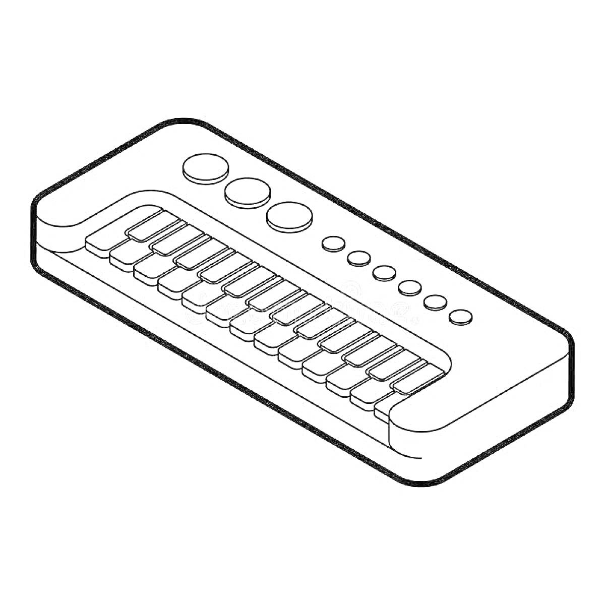 На раскраске изображено: Синтезатор, Клавиши, Кнопки, Круглые элементы, Музыкальные инструменты, Контурные рисунки