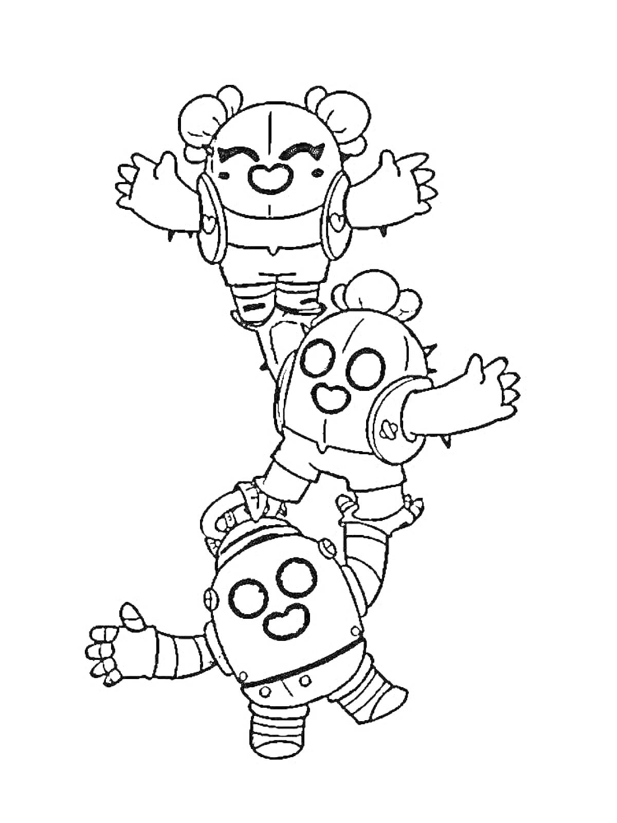 Раскраска Три Спайка из игры Бравл Старс, стоящие друг на друге и приветствующие