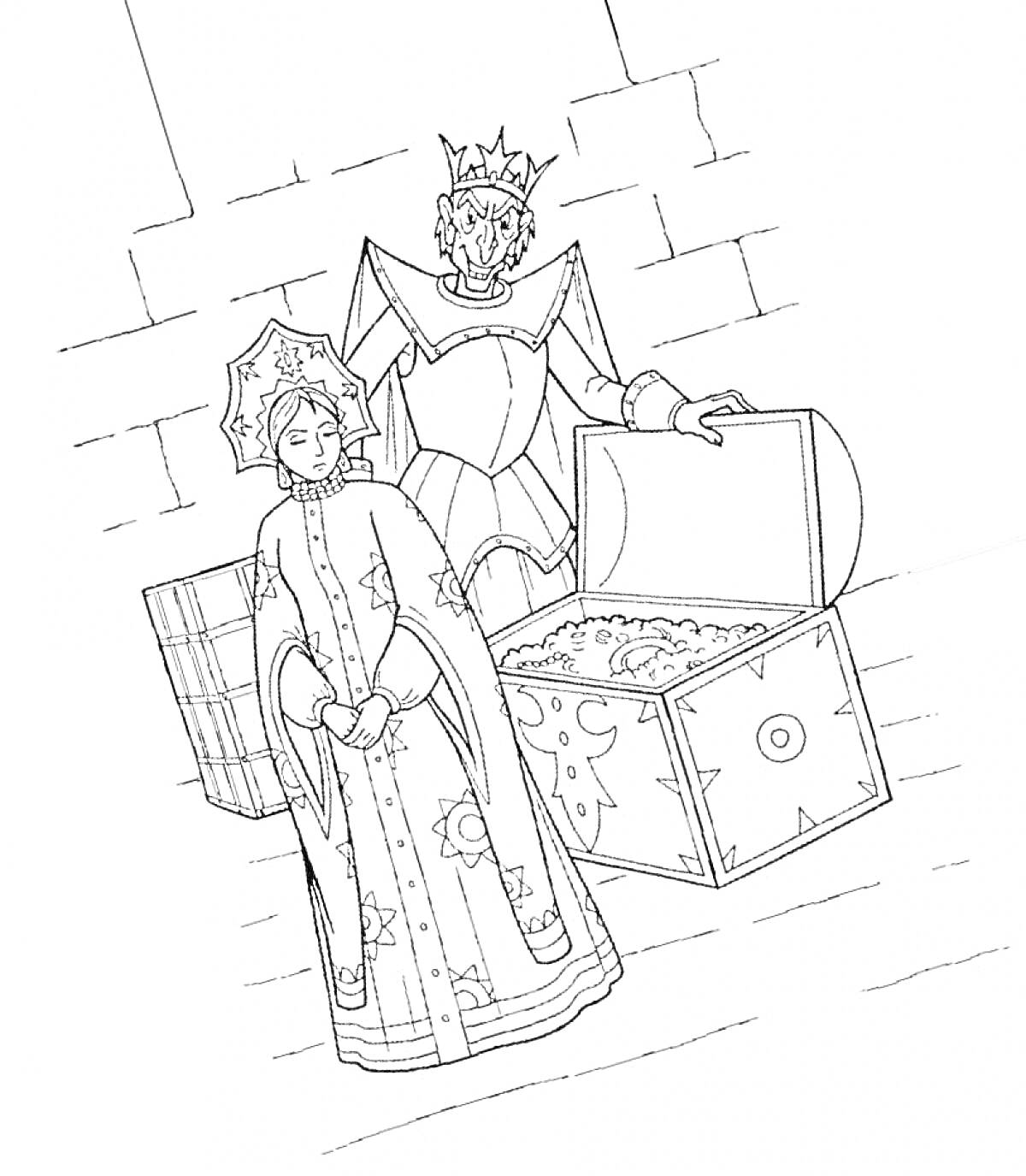Раскраска Царевна и царь с сундуком сокровищ возле каменной стены