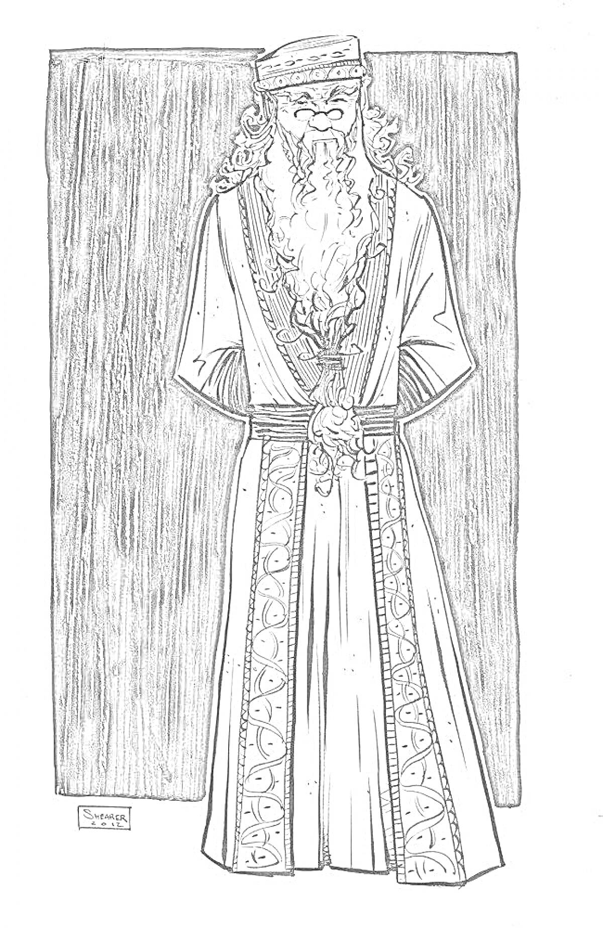 Раскраска Пожилой волшебник с длинной бородой в мантии с узорами, стоящий на фоне темного занавеса