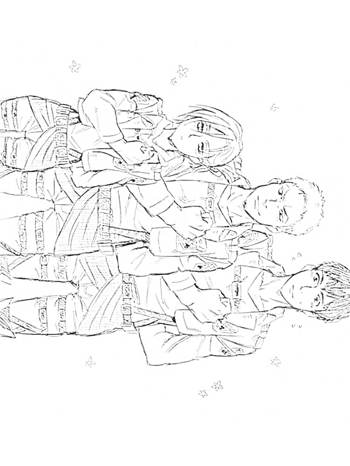 На раскраске изображено: Атака титанов, Трое персонажей, Униформа, Манга, Аниме
