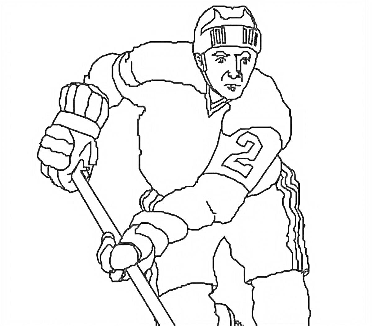 Раскраска хоккеист с клюшкой в защитном шлеме, номер 2