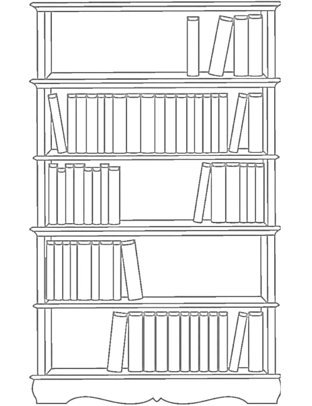 Раскраска Книжный шкаф с полками и книгами разного размера