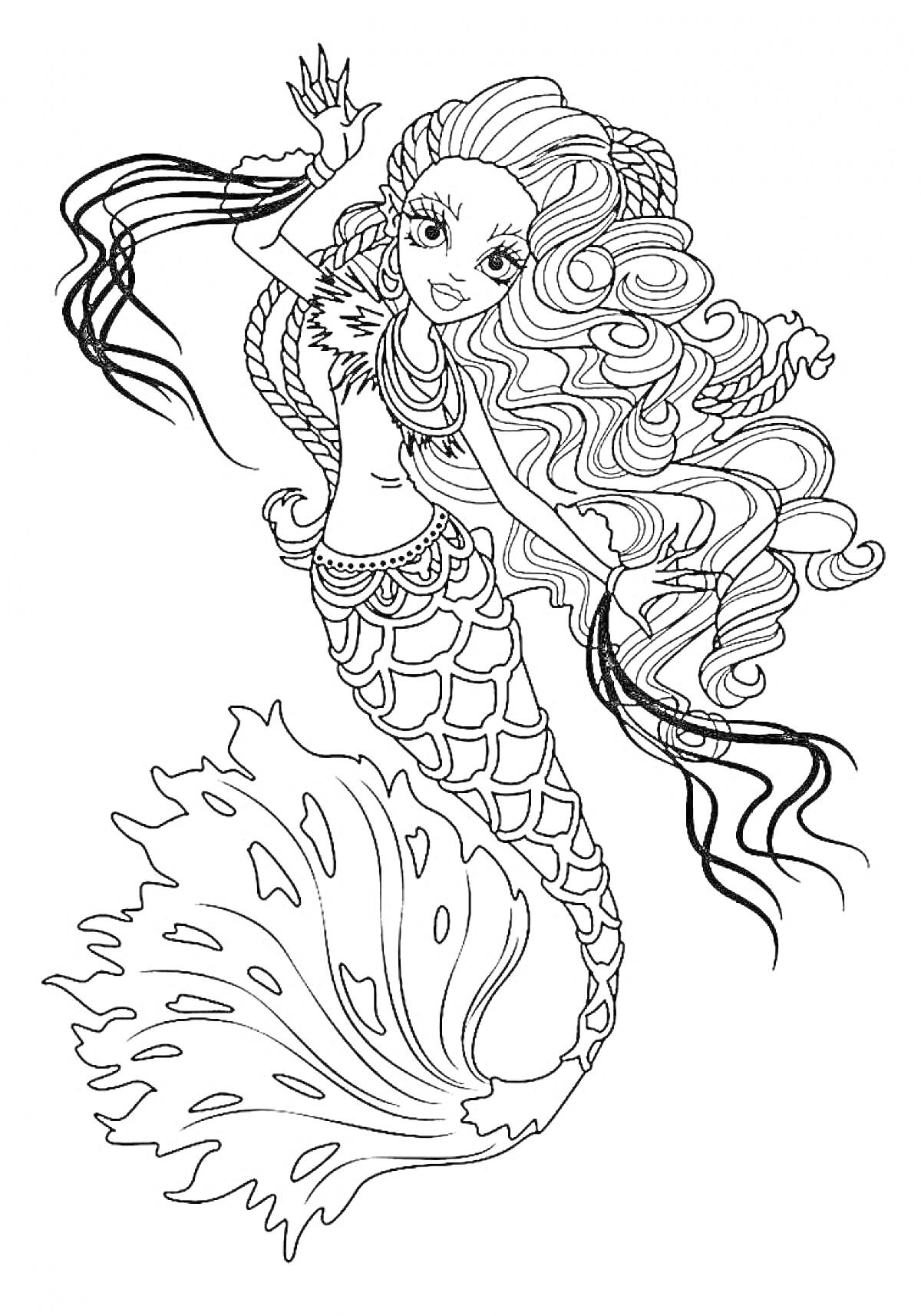 На раскраске изображено: Русалка, Длинные волосы, Подводный мир, Фэнтези, Мифология, Красивые, Поднятые руки