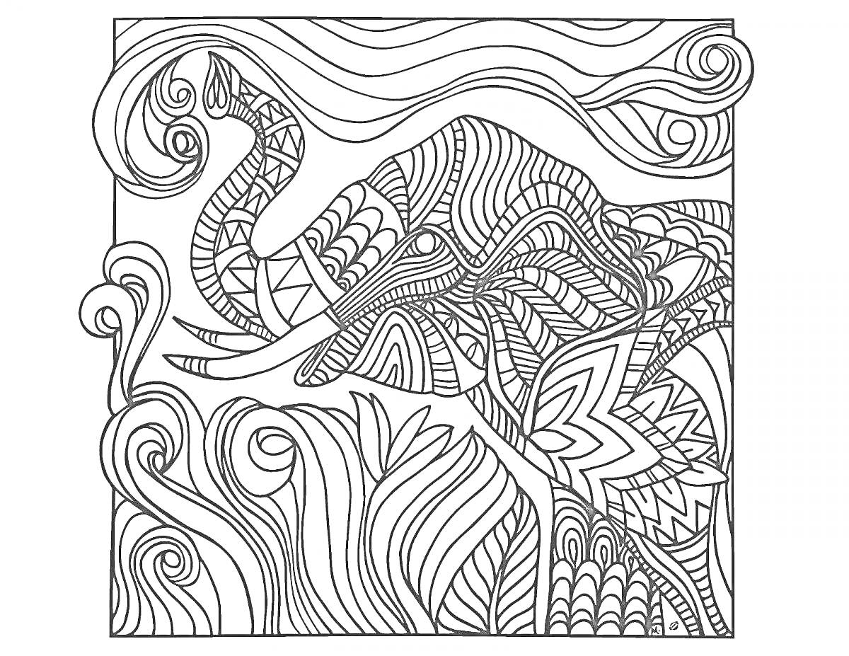 Раскраска Фантазийный узор в виде слона с абстрактными элементами и завитками