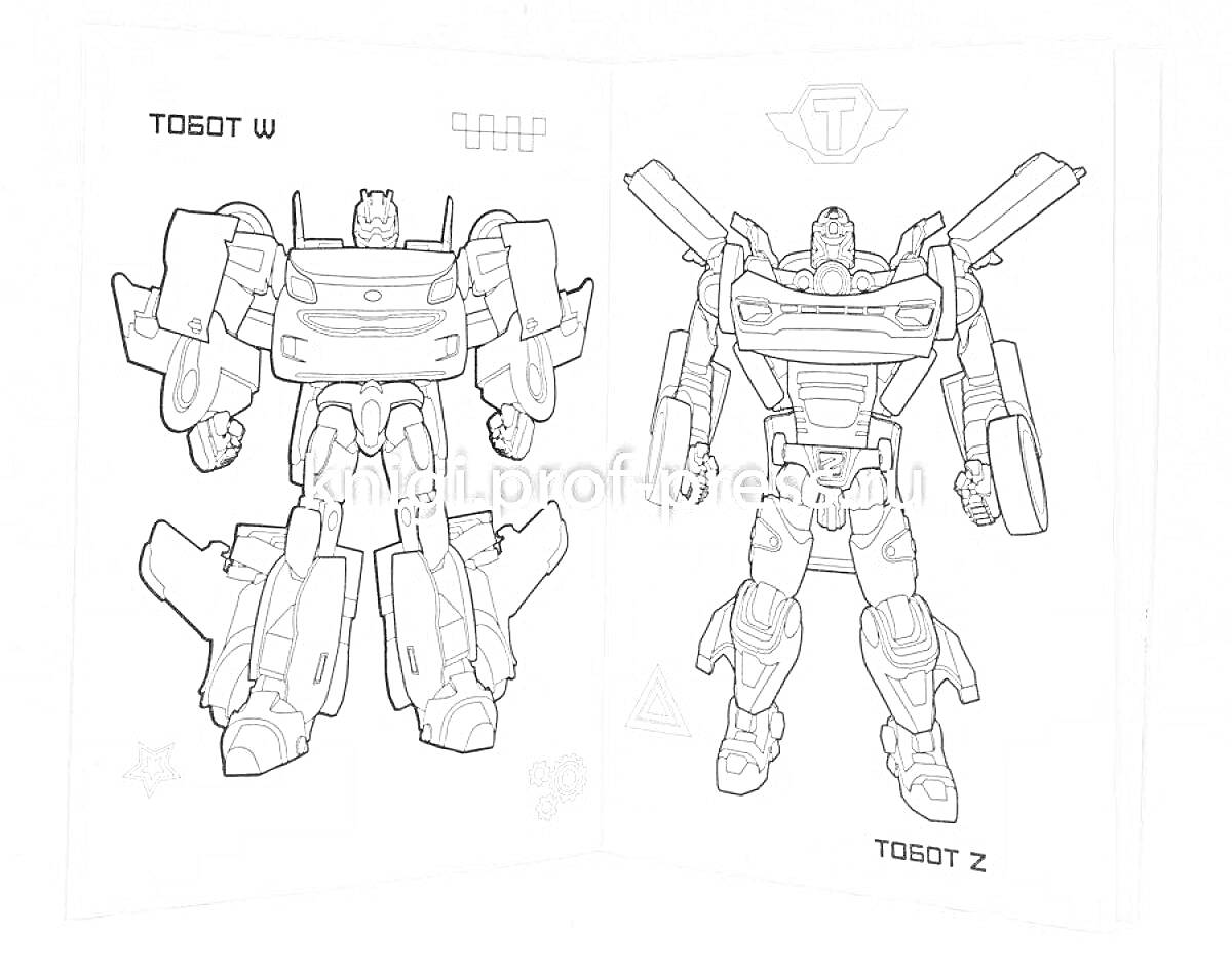 Тобот W и Тобот Z в виде роботов, стороны сборки, символы и кнопки на заднем фоне