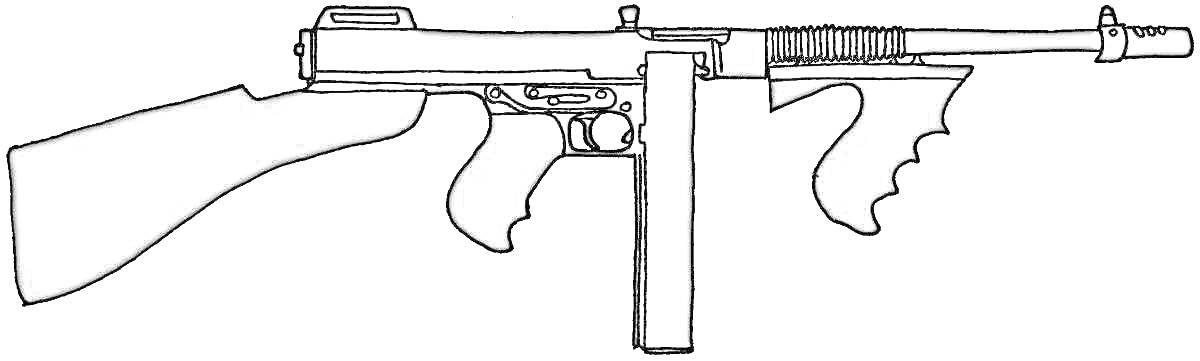 На раскраске изображено: Томпсон, Пистолет-пулемет, Оружие, Приклад, Магазин, Спусковой крючок