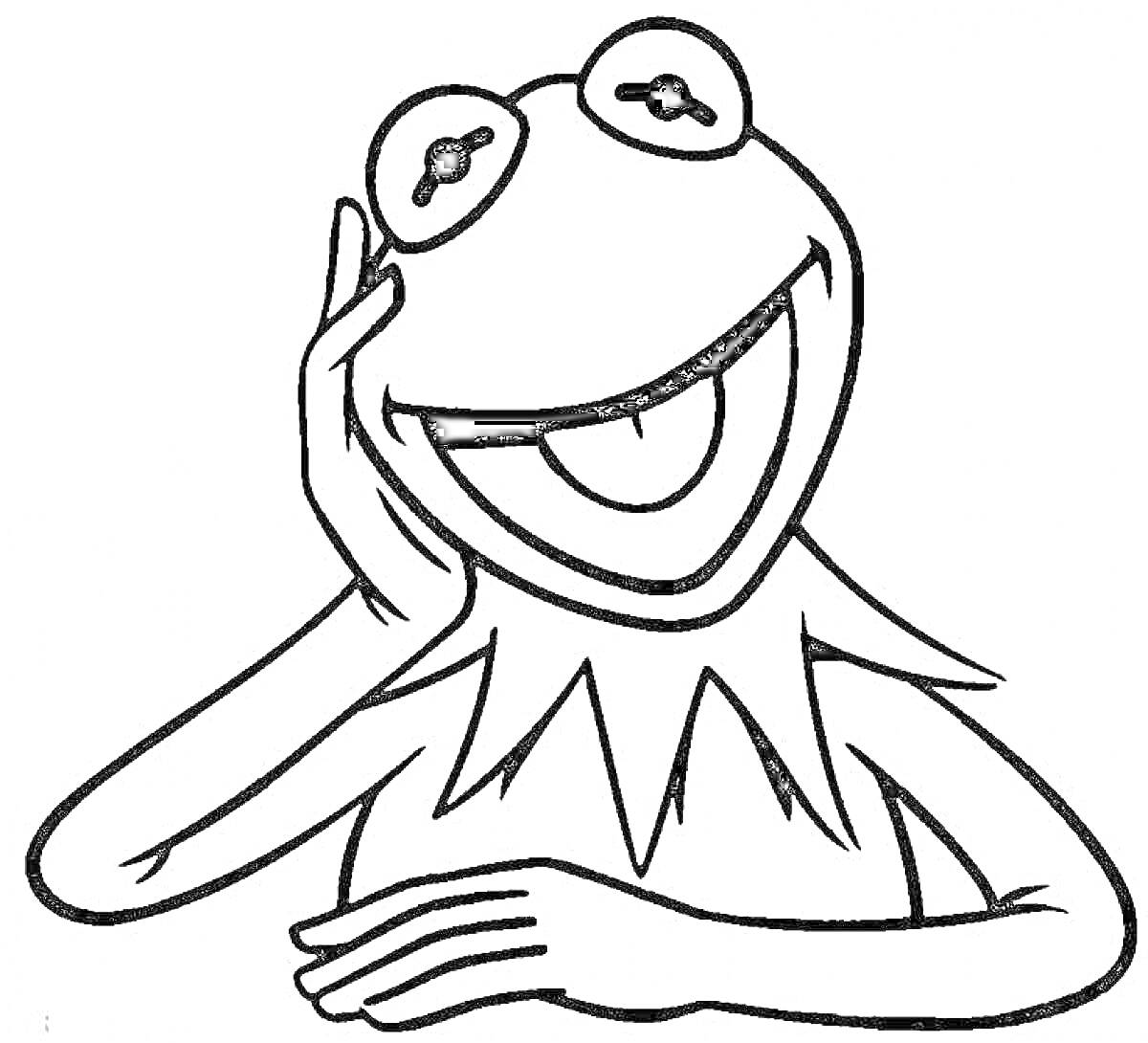 Раскраска Лягушка Мем: улыбающаяся лягушка, держащая одну руку на щеке