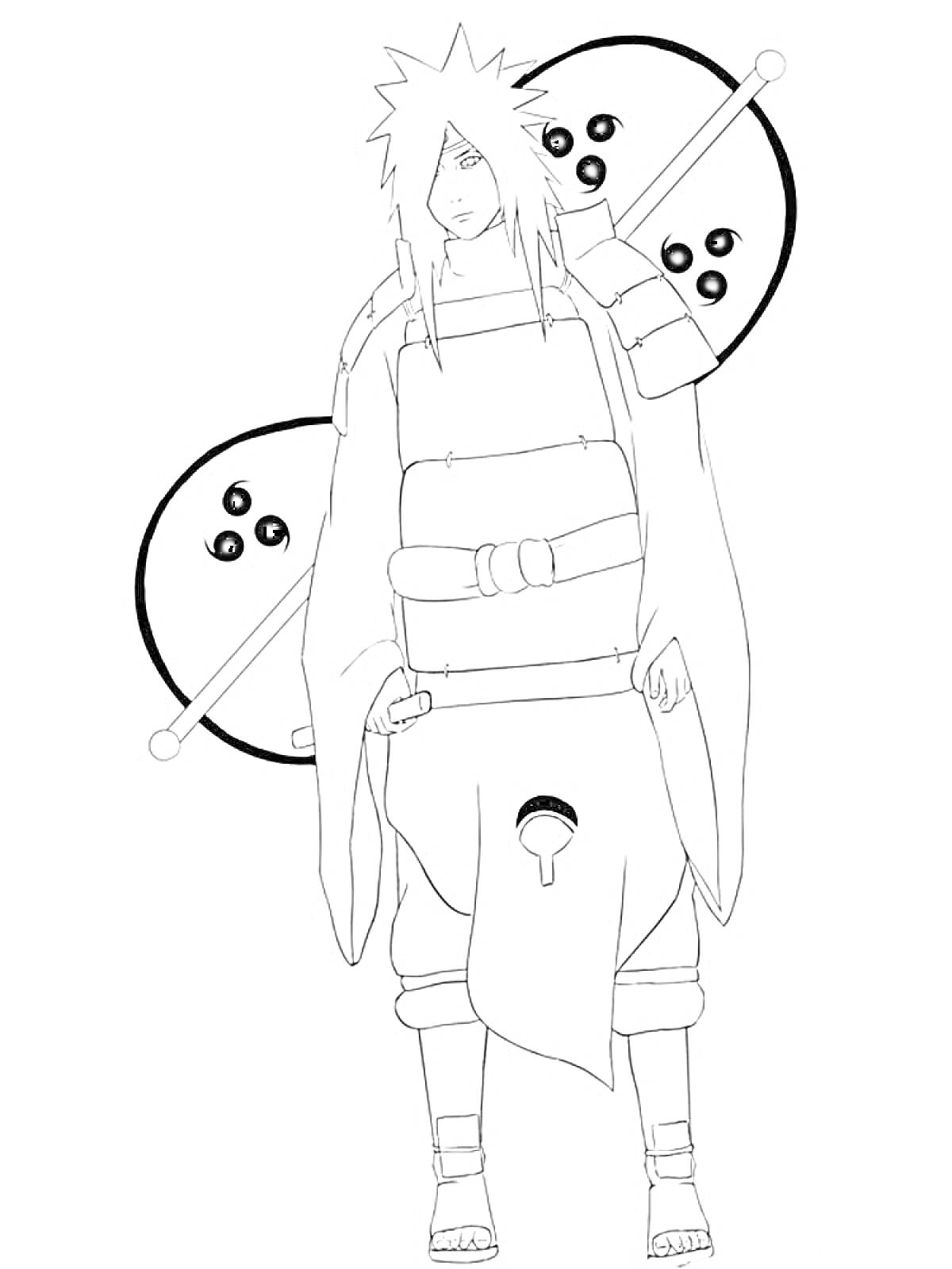 Раскраска Персонаж из Наруто в доспехах, с двумя круглыми щитами за спиной.