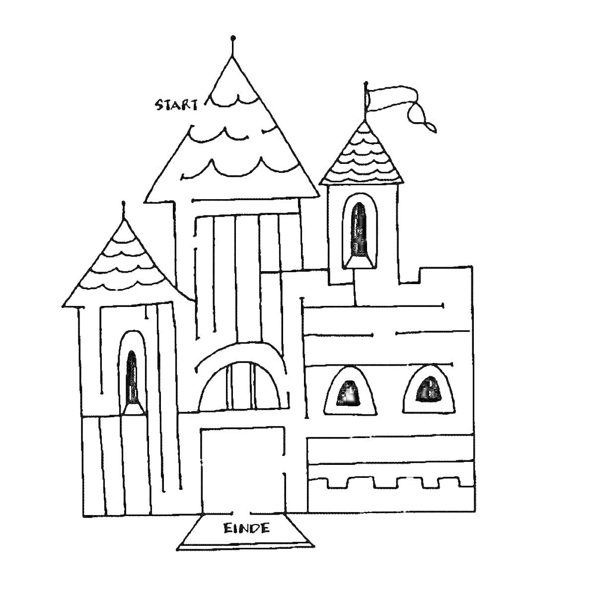 Раскраска Терем с тремя башнями, двумя флагами и четырьмя окнами