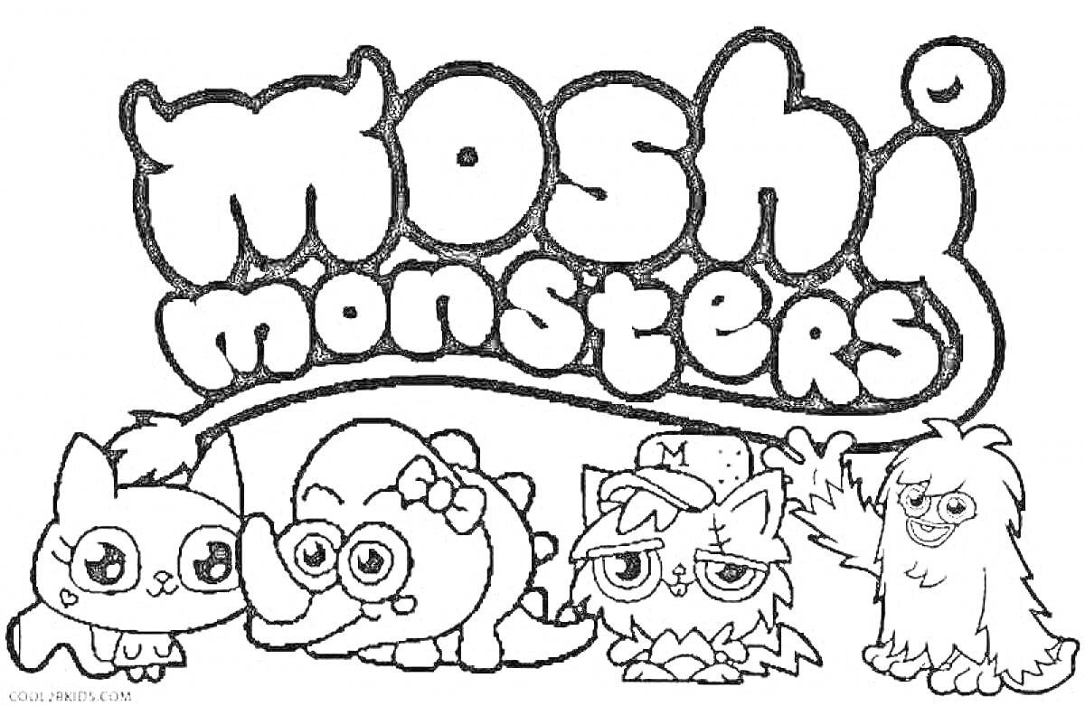 Раскраска Moshi Monsters с котом, слоном, котенком и йети