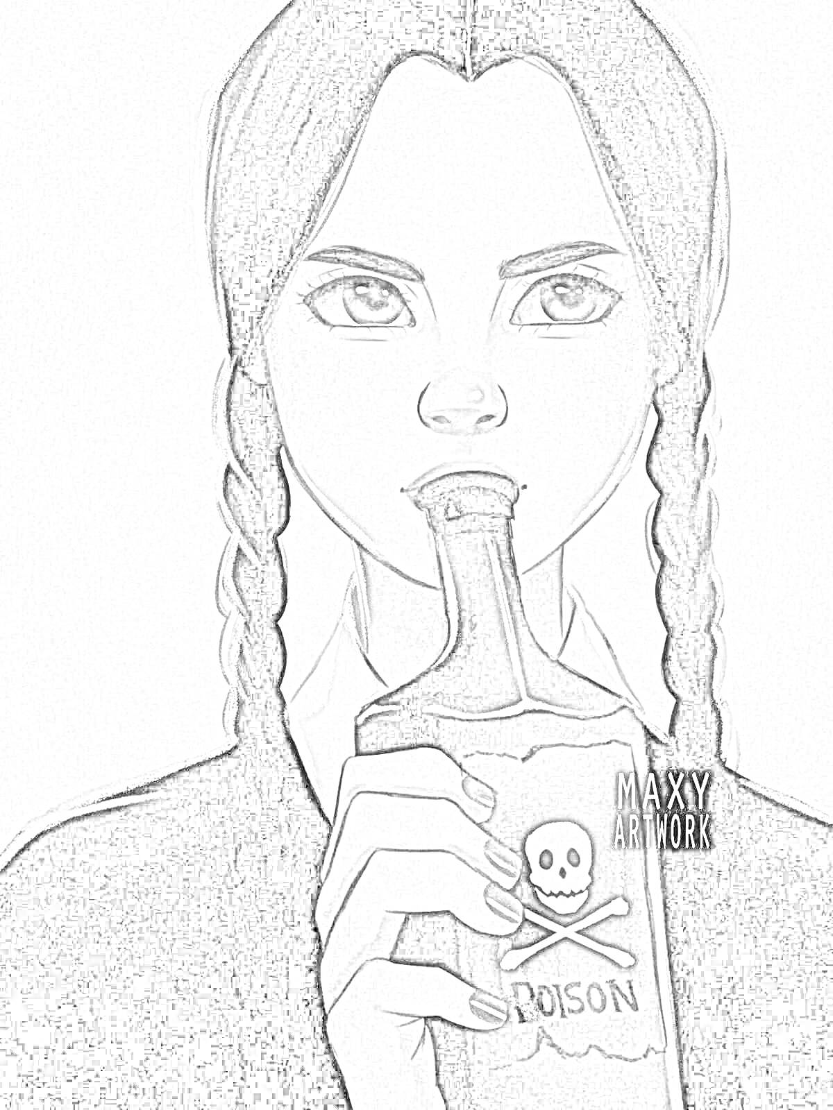 Раскраска Девочка с косичками, держащая бутылку с пометкой 