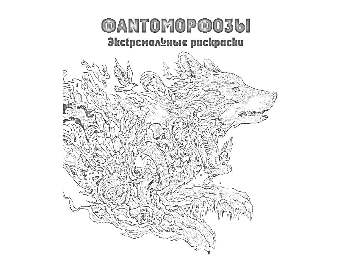 Волк с множеством фантастических элементов и существ, экстремальные раскраски.