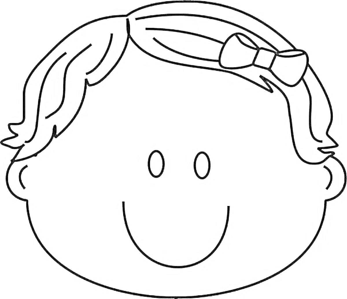 На раскраске изображено: Голова, Волосы, Бант, Лицо, Уши, Улыбка