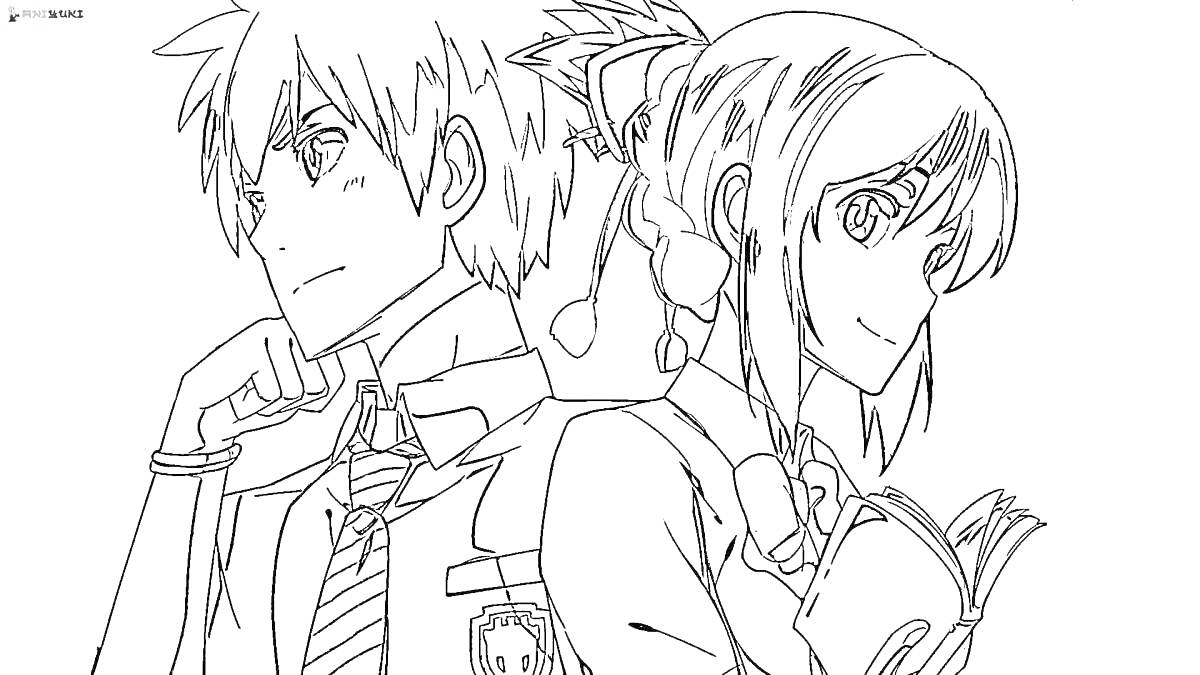Раскраска Два аниме персонажа в школьной форме, мальчик с галстуком и девушка с бантом читающая книгу