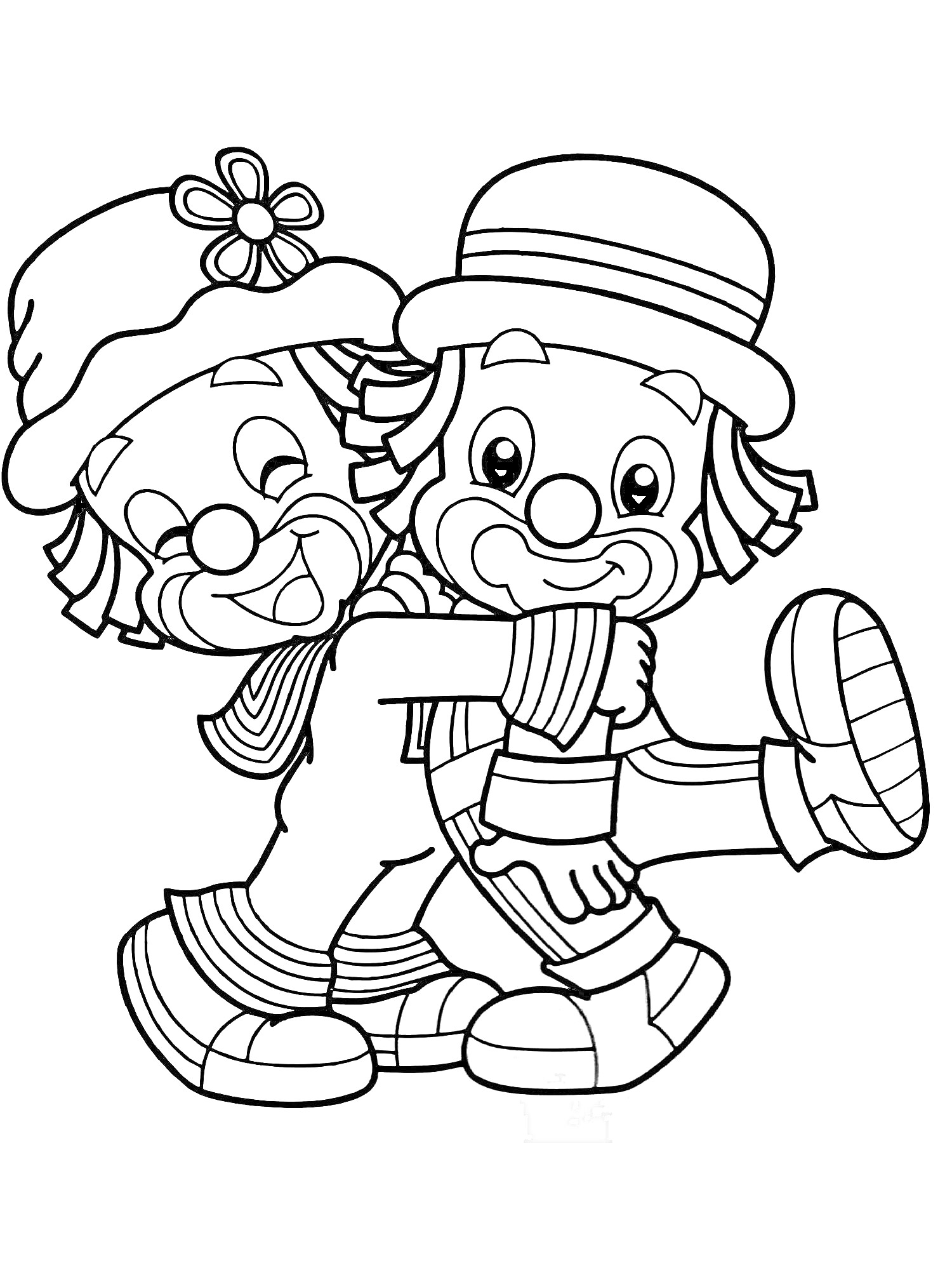 Раскраска Два клоуна в больших ботинках, один с цветочной шляпой, другой с полосатым шарфом