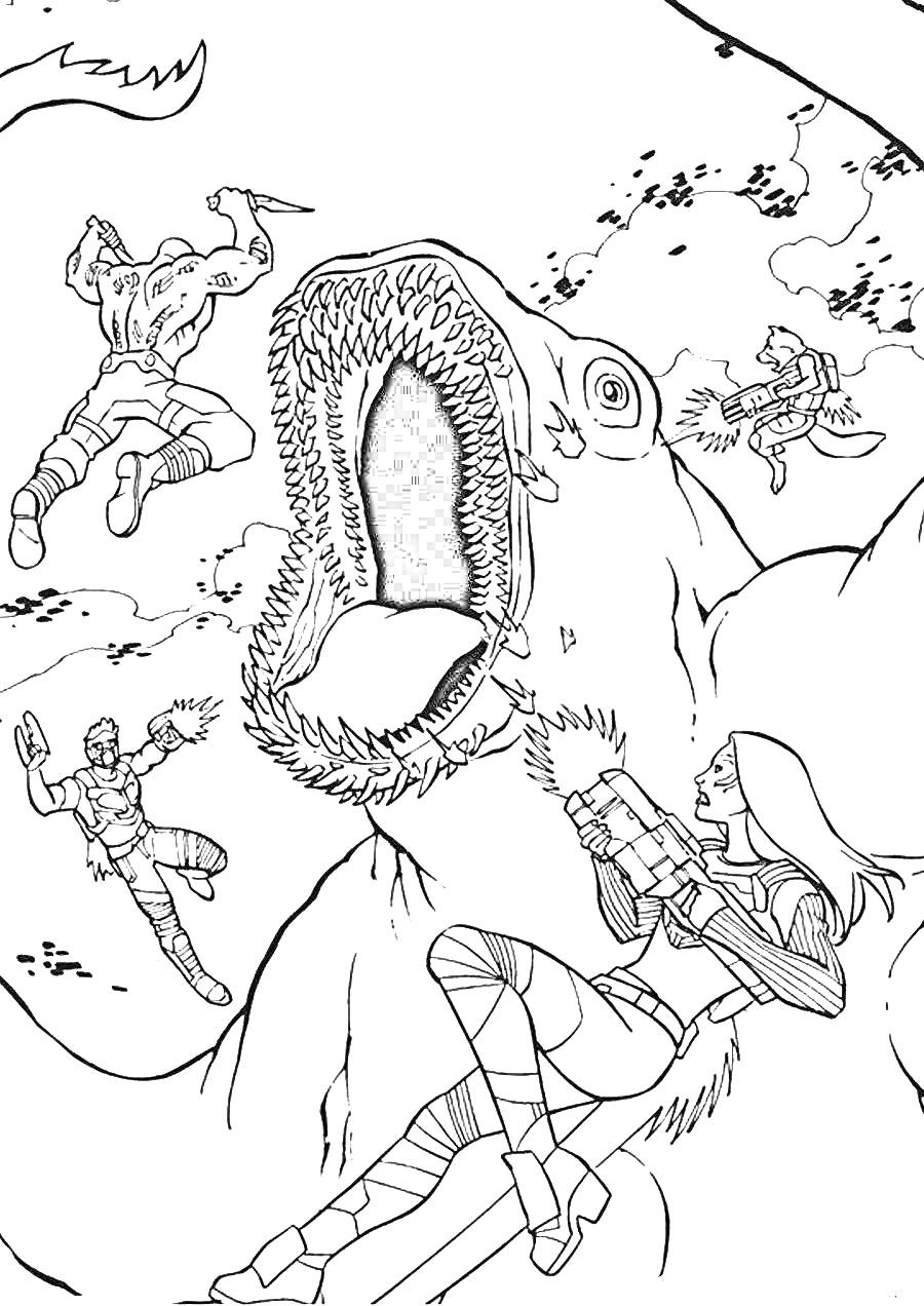 Раскраска Бой стражей галактики с огромным чудовищем, три человека и енот сражаются с гигантской тварью в космосе
