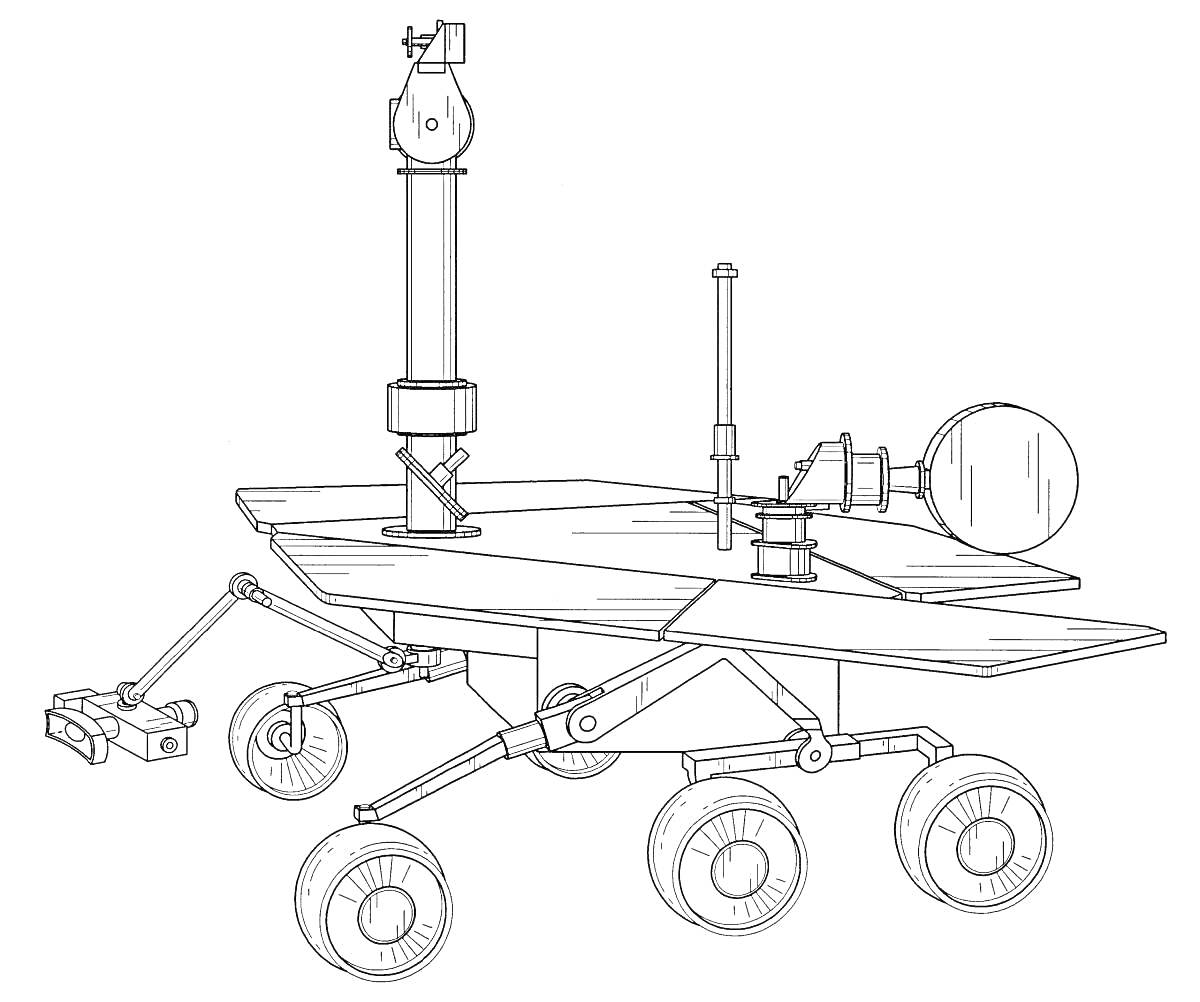 Раскраска Луноход с камерой, антеннами и манипулятором на шести колесах