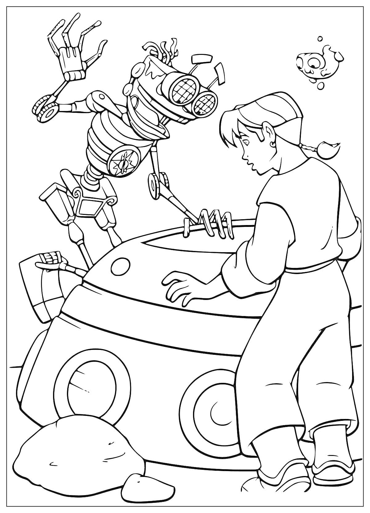 Раскраска Робот и человек у космического корабля