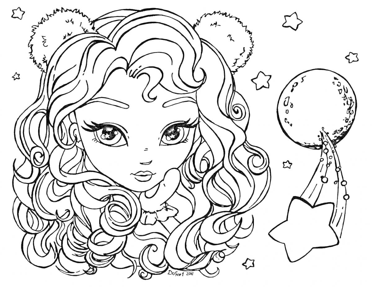 Раскраска Девочка с большими глазами, волнистыми волосами и ушками, луна и падающая звезда с мелкими звёздами на фоне