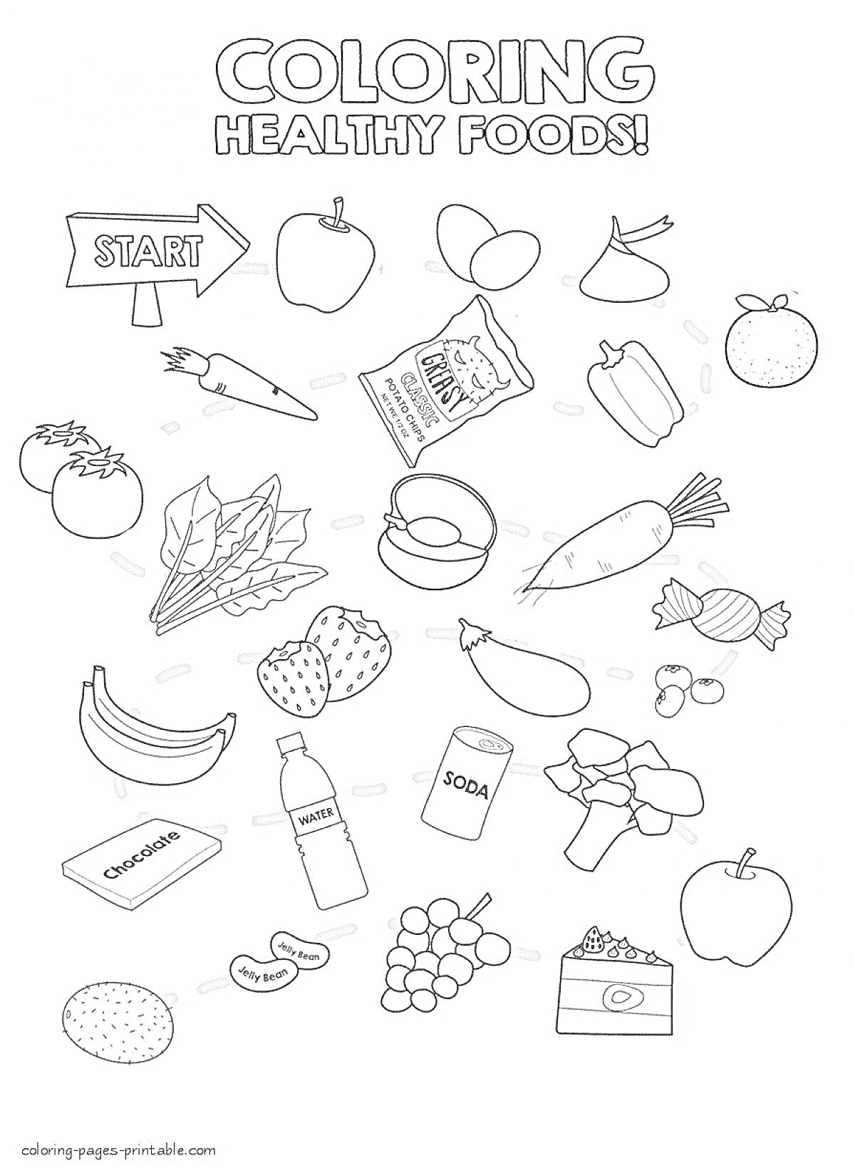 Раскраска Coloring Healthy Foods: apple, peanuts, carrot, soda, broccoli, cheese, sandwich, banana, orange, grape, lettuce, almond, pear, candies, milk, bread, snack pack, strawberry, meat, avocado, asparagus