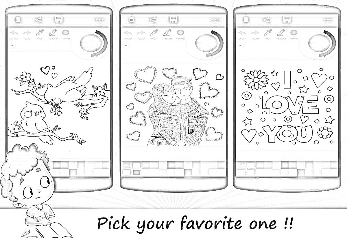 На раскраске изображено: Андроид, Игра, Пара, Сердца, Текст, Любовь, Ноты, Цветы, Телефон
