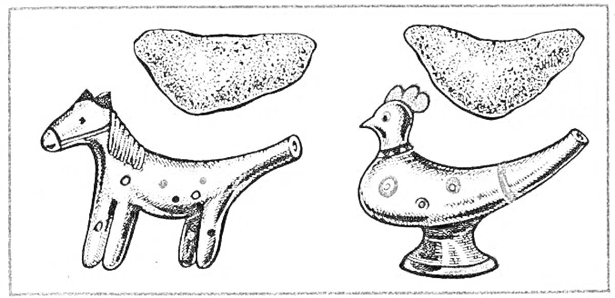 свистулька в виде лошади и птицы с образцами текстур