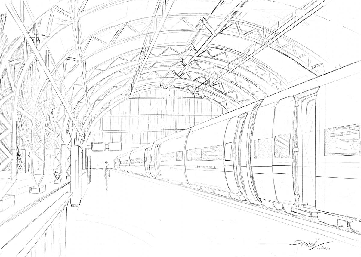 Раскраска вокзал с крытой платформой, поезд, пассажиры и конструкциями