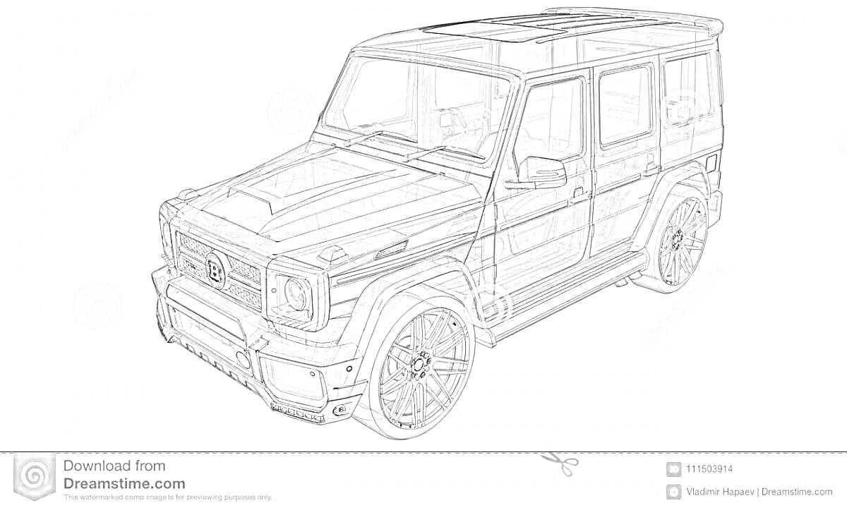 Раскраска Раскраска Брабус, трехмерное изображение внедорожника, вид спереди, видна передняя часть, бампер, фары, колеса и боковые панели автомобиля