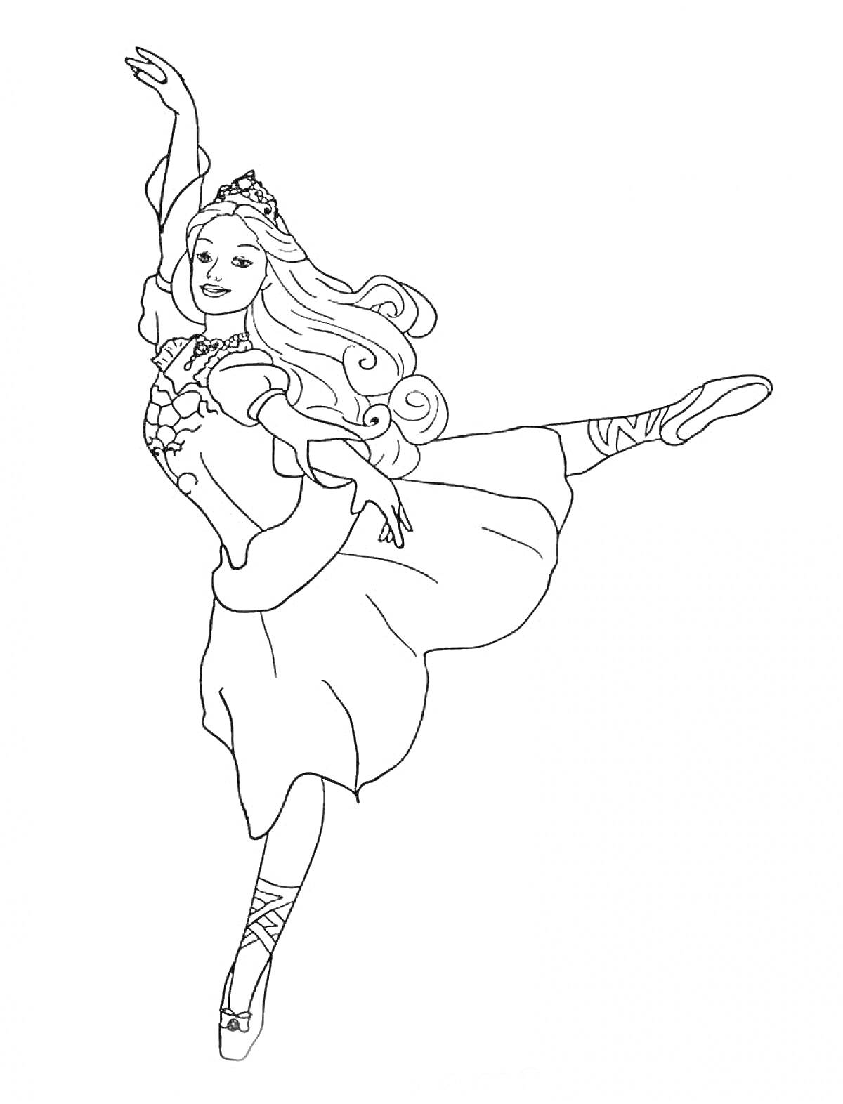 Раскраска Балерина в платье с диадемой, на пуантах, выполняющая прыжок