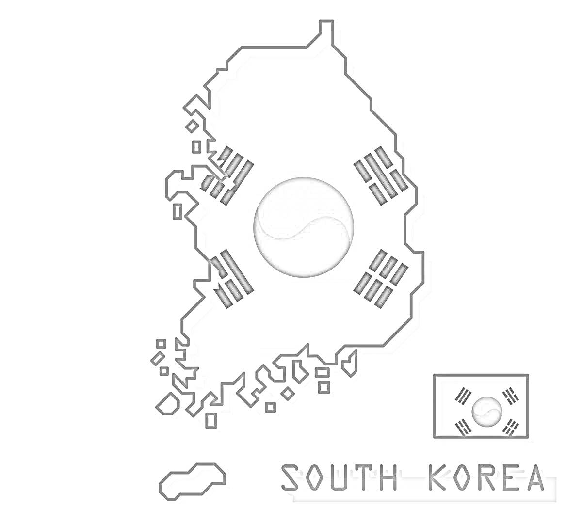 Раскраска Флаг Южной Кореи на карте страны с текстом 