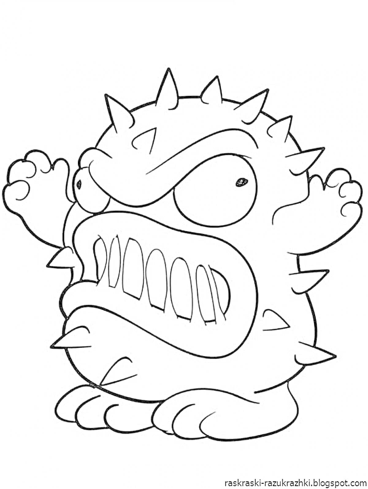 Раскраска Круглый шипастый монстр с большими глазами и зубастым ртом.