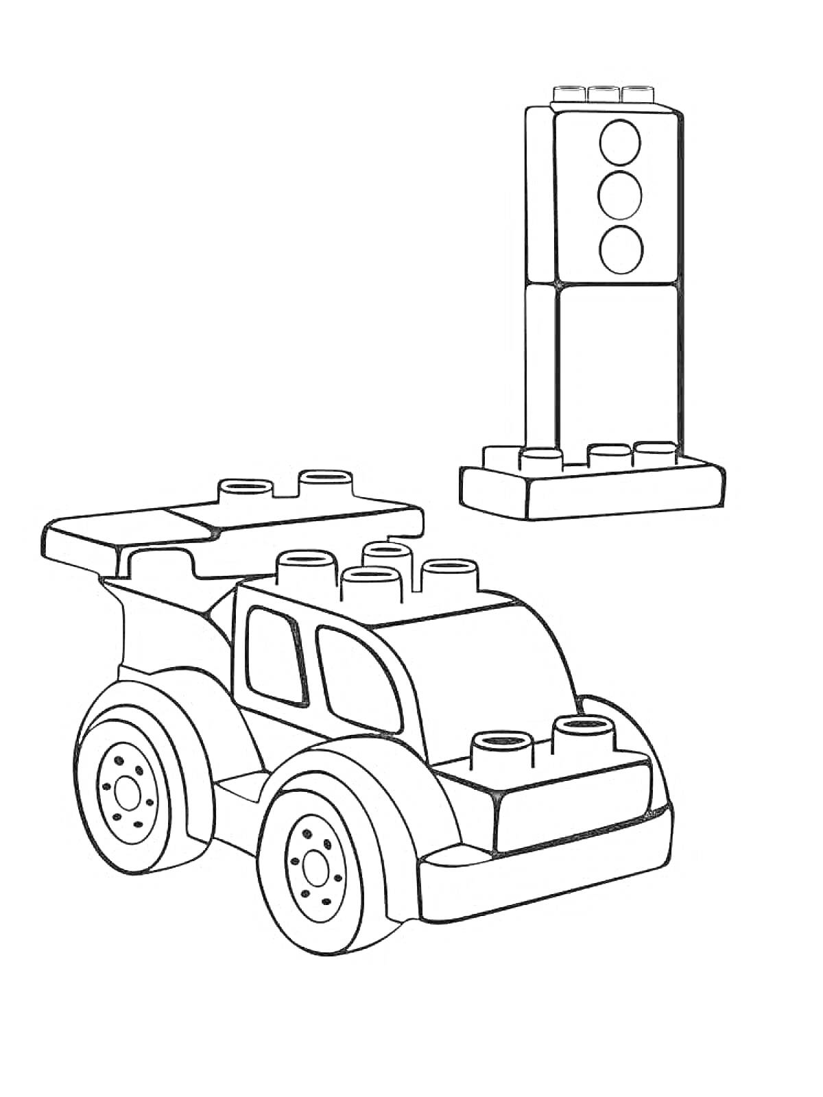 На раскраске изображено: Лего, Дупло, Светофор, Детские игрушки, Конструктор, Транспорт, Дорожные знаки