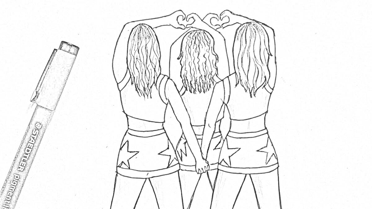 Раскраска Три девушки стоят спиной, держа друг друга за руки, с поднятыми руками в виде сердечек.