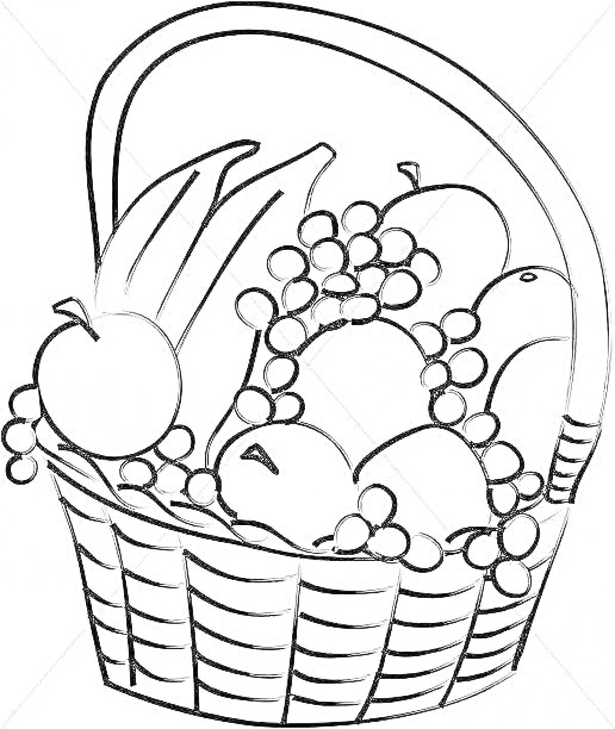 Раскраска Корзина с яблоками, виноградом, бананами и морковью