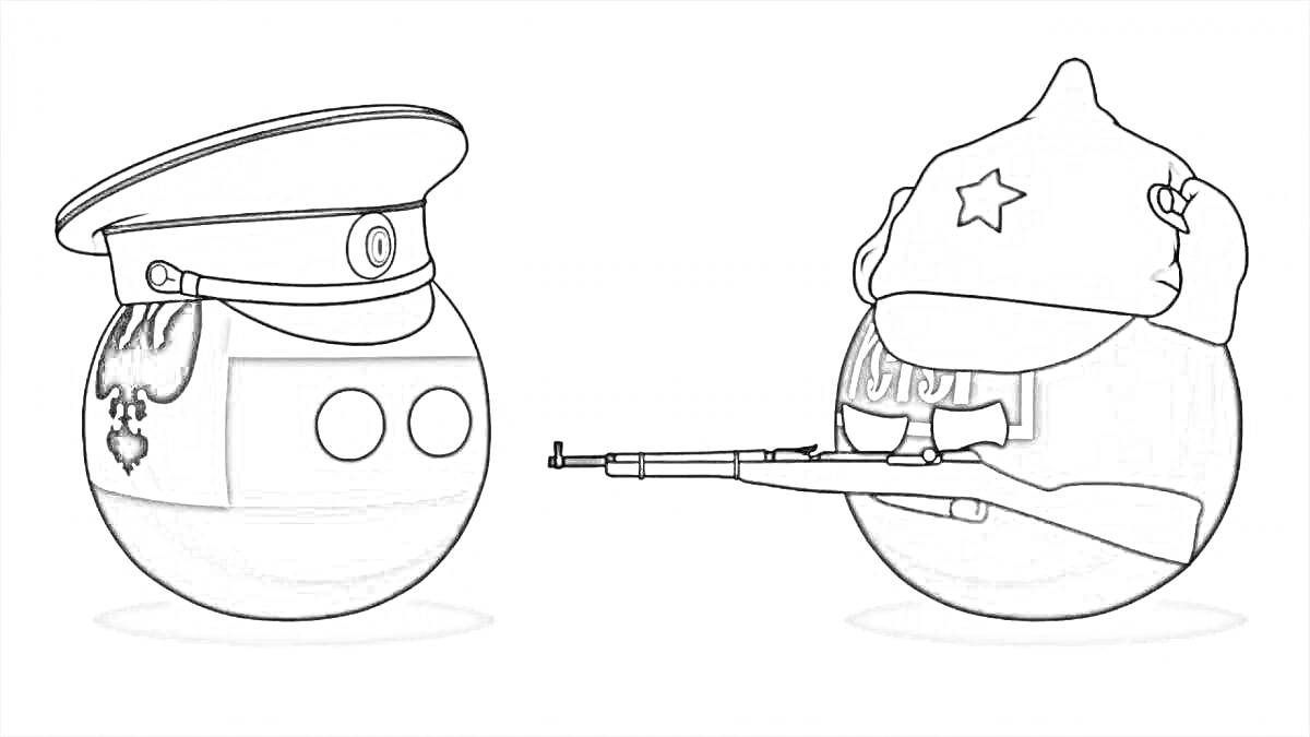 На раскраске изображено: Countryballs, Германия, Россия, Офицеры, Военные, Оружие, Пилотка, Фуражка, Флаг, Вооружение