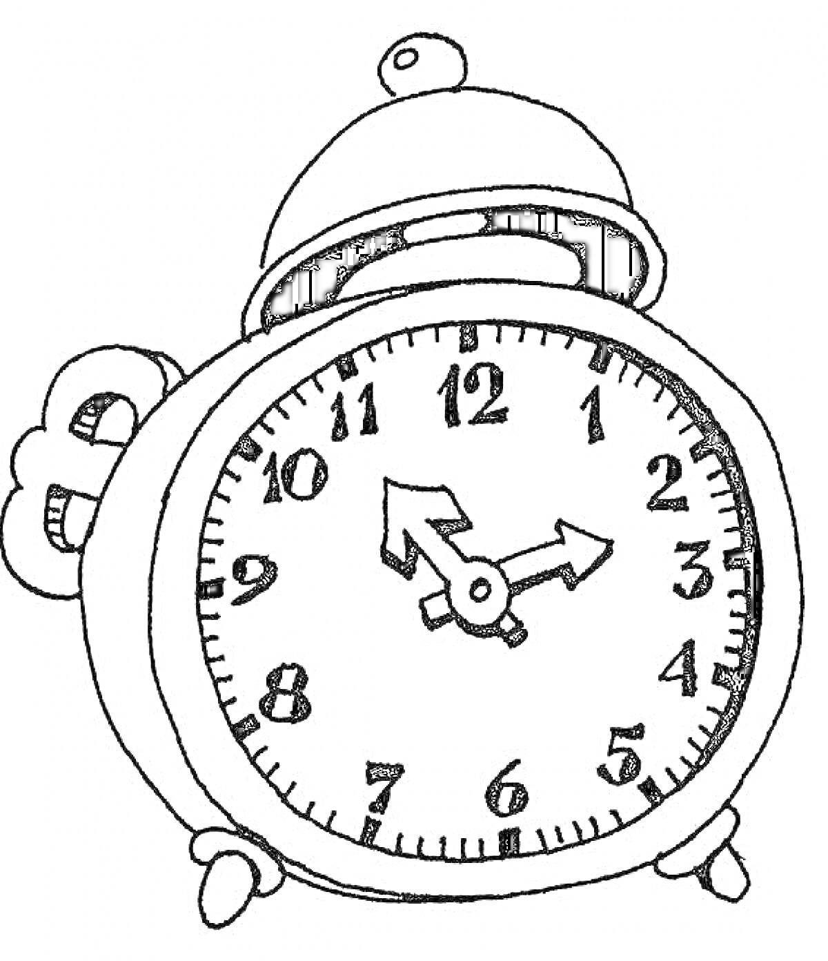 На раскраске изображено: Будильник, Часы, Время, Циферблат, Стрелки, Цифры