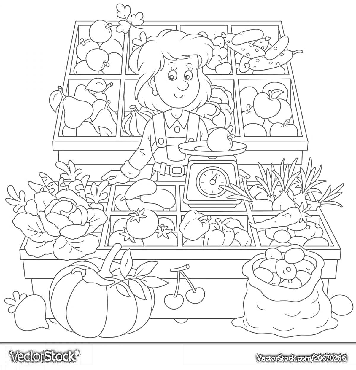 На раскраске изображено: 4-5 лет, Продавец, Овощи, Фрукты, Весы, Прилавок, Обучение