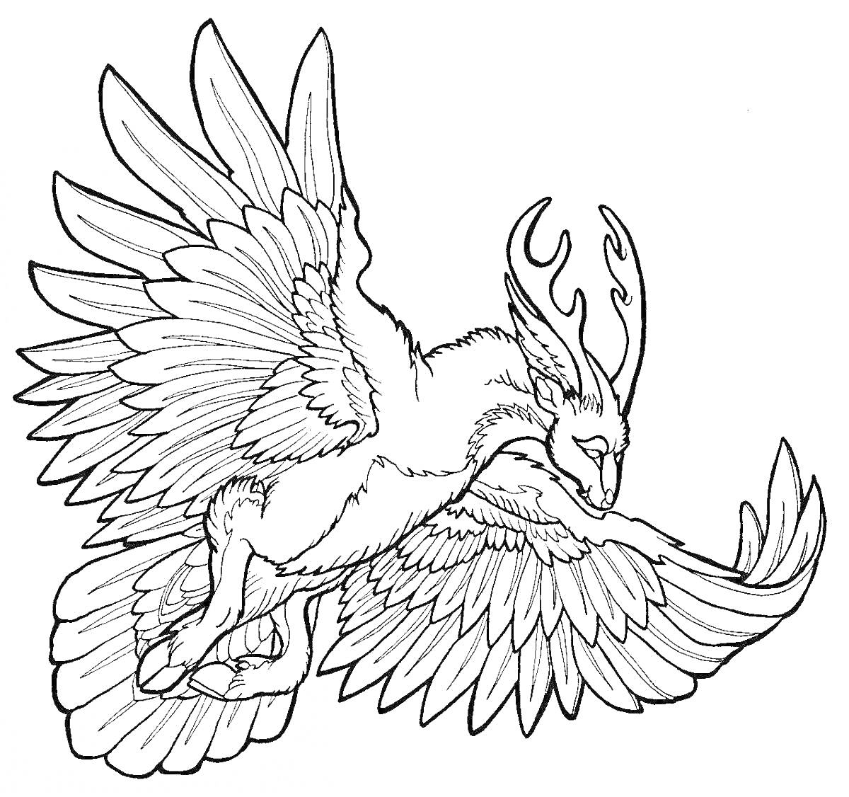 Раскраска Летающее существо с крыльями, рогами и хвостом