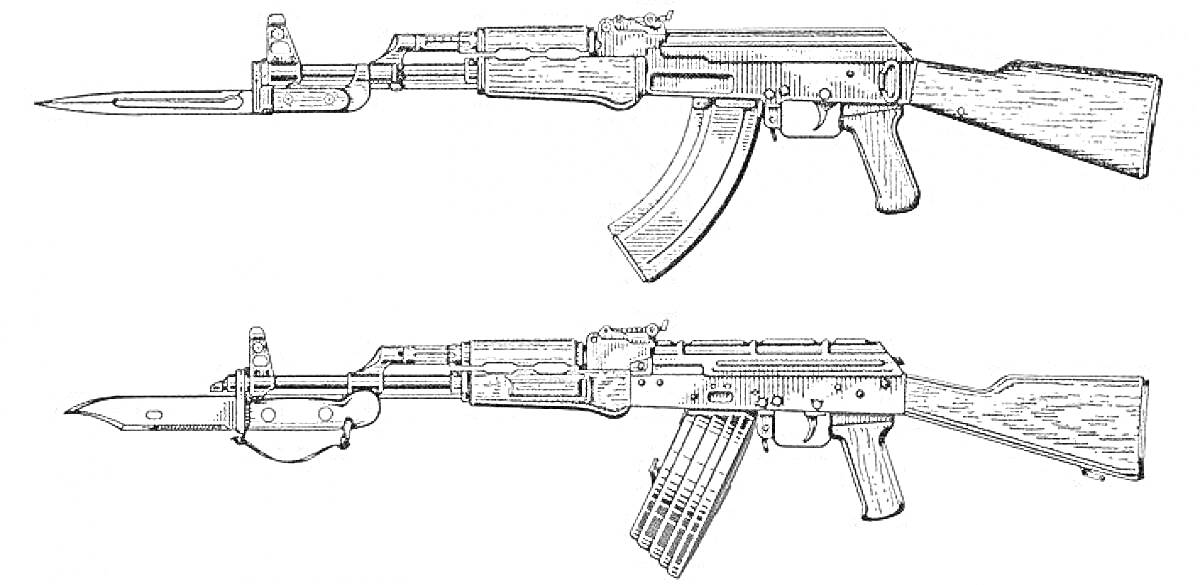 Автомат АК-47 с примкнутым штыком и магазином