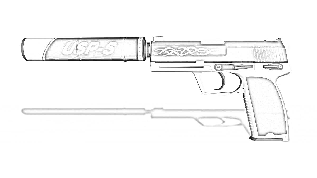 На раскраске изображено: Пистолет, Глушитель, Затвор, Декоративные элементы, Оружие