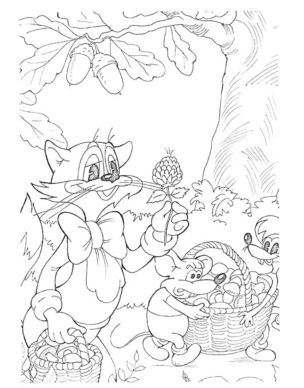 Раскраска Леопольд с мышами под деревом, держащий шишку и корзину с желудями