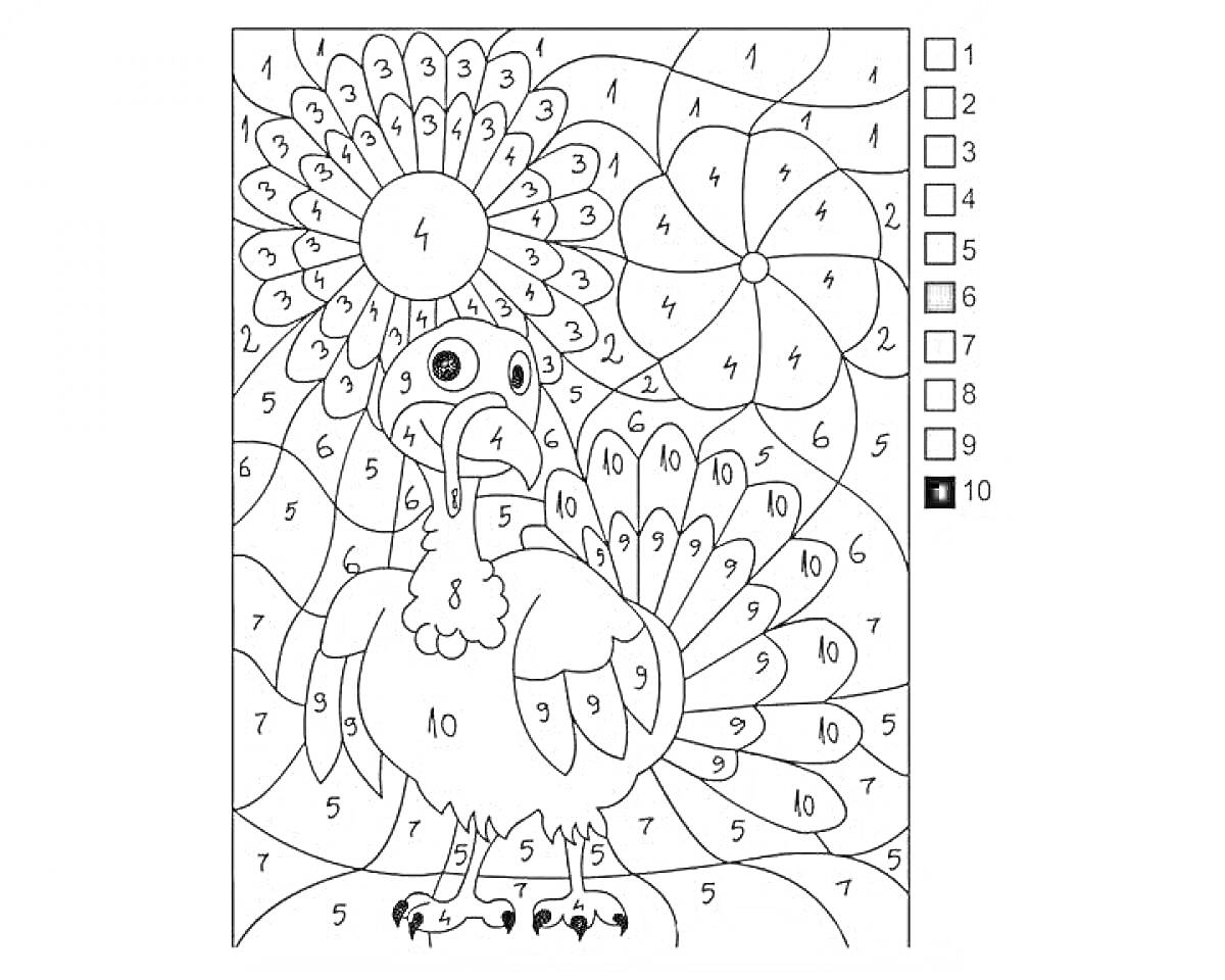 Раскраска Раскраска по номерам с изображением индюка на фоне цветов и солнца